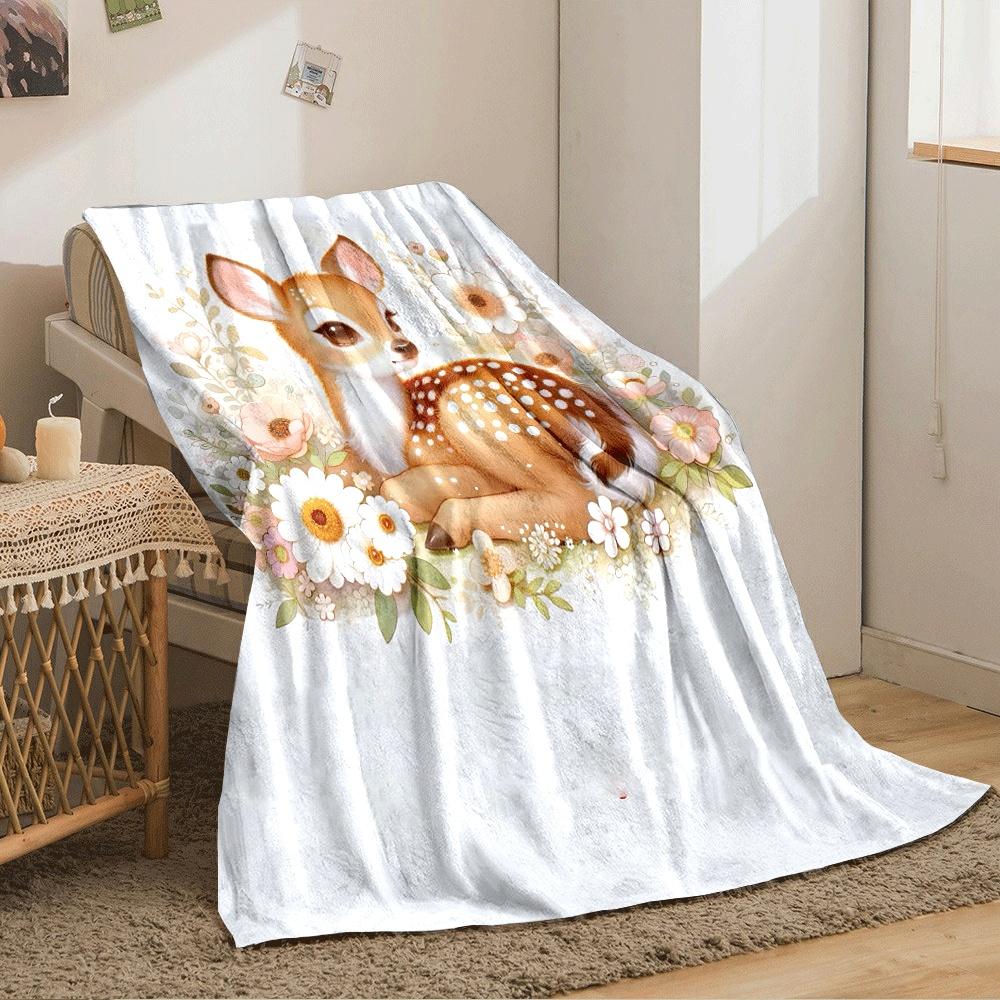 A cute fawn surrounded by delicate flowers and soft pastel foliage. for all seasons blanket lunch break throw gift