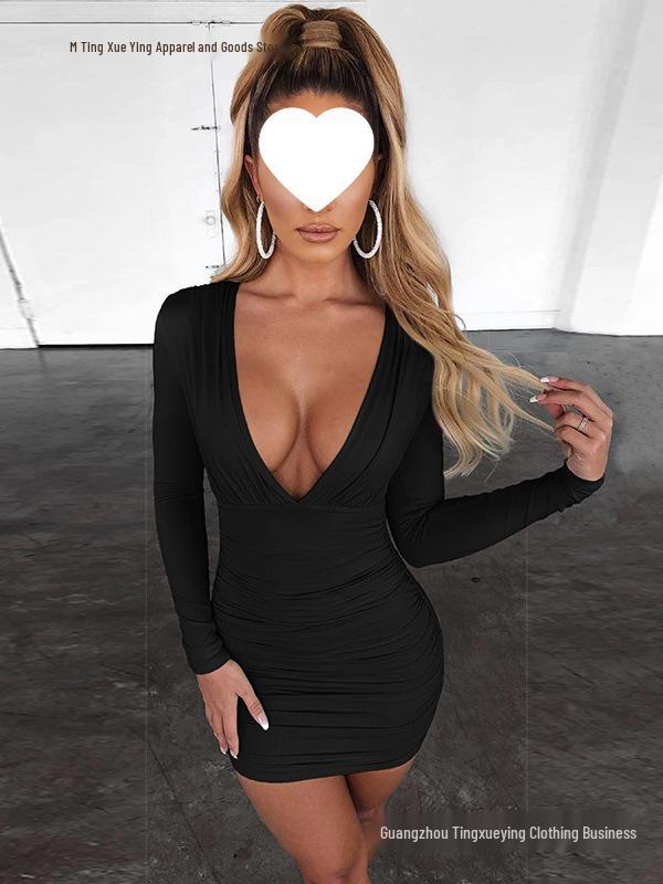 European Sexy Deep V Ruffled Bodycon Dress for Autumn/Winter