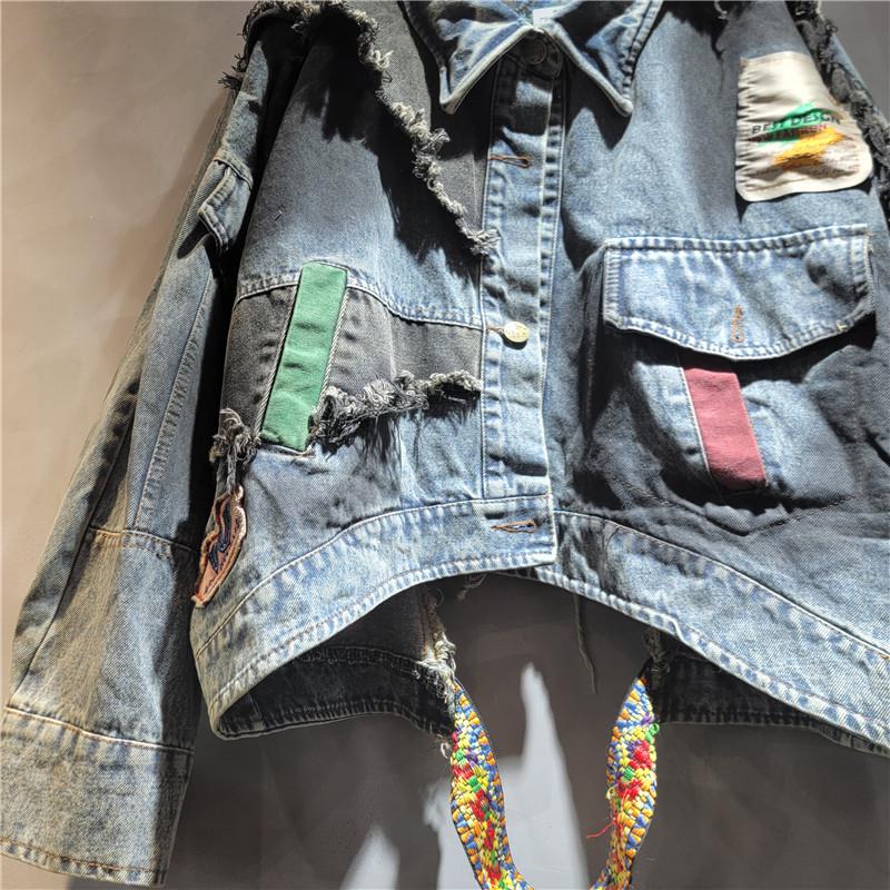 Women's Personalized Trendy Irregular Denim Patch Long-Sleeve Jacket