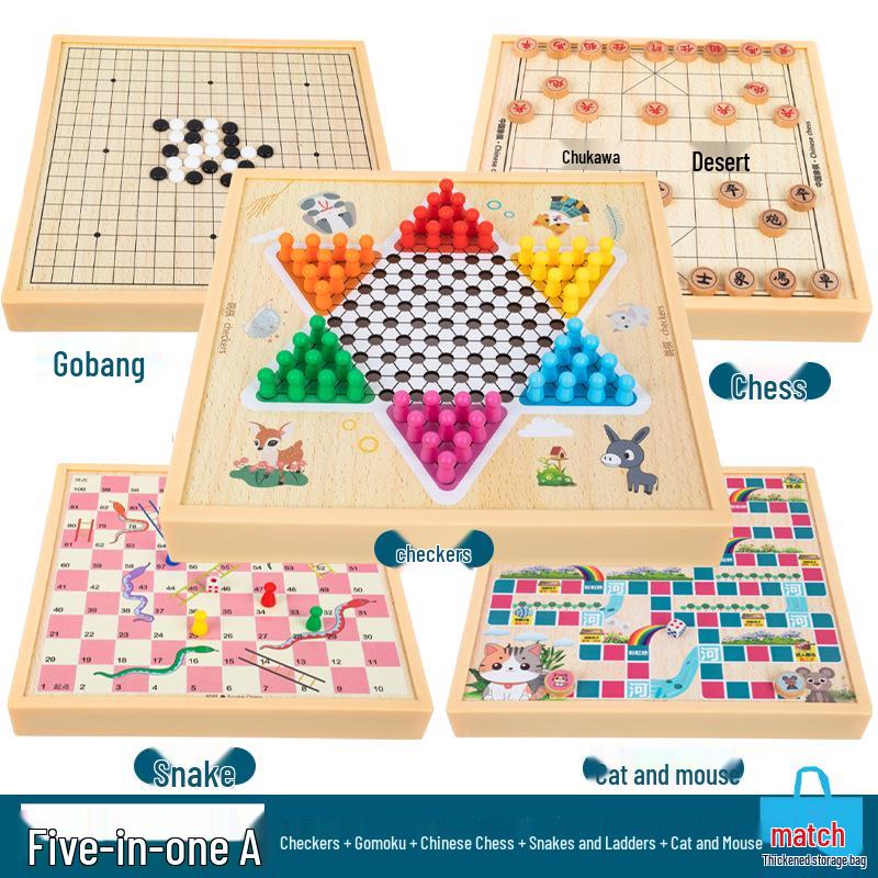 Multi-Board Game Set: Go-Moku, Checkers, Chinese Checkers, Chess, Animal Chess, Army Chess – Parent-Child Educational Toy