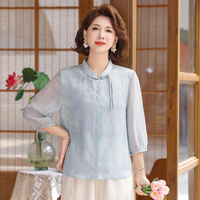 Elegant Chinese Summer Three-Quarter Sleeve Shirt for Women 2026: Age-Defying Top for Middle-Aged & Elderly, Hides Tummy