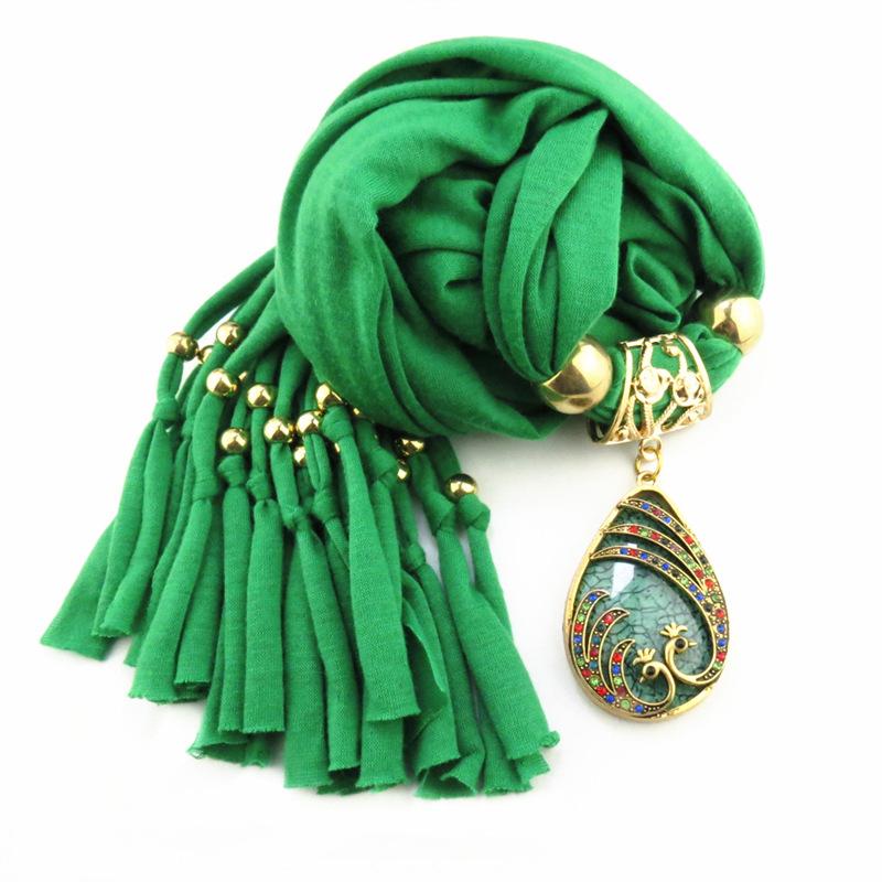 Elegant Embellished Scarf Necklace with Tassel & Pendant – Boho Fashion Statement Jewelry for Women, Multi-Color Available
