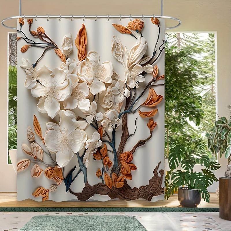 1pc Shower Curtain - Elegant 3D Floral Design with White Flowers and Brown Leaves Waterproof