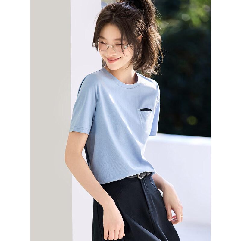 Women s Elegant Color Block Rivet Pocket T-Shirt L