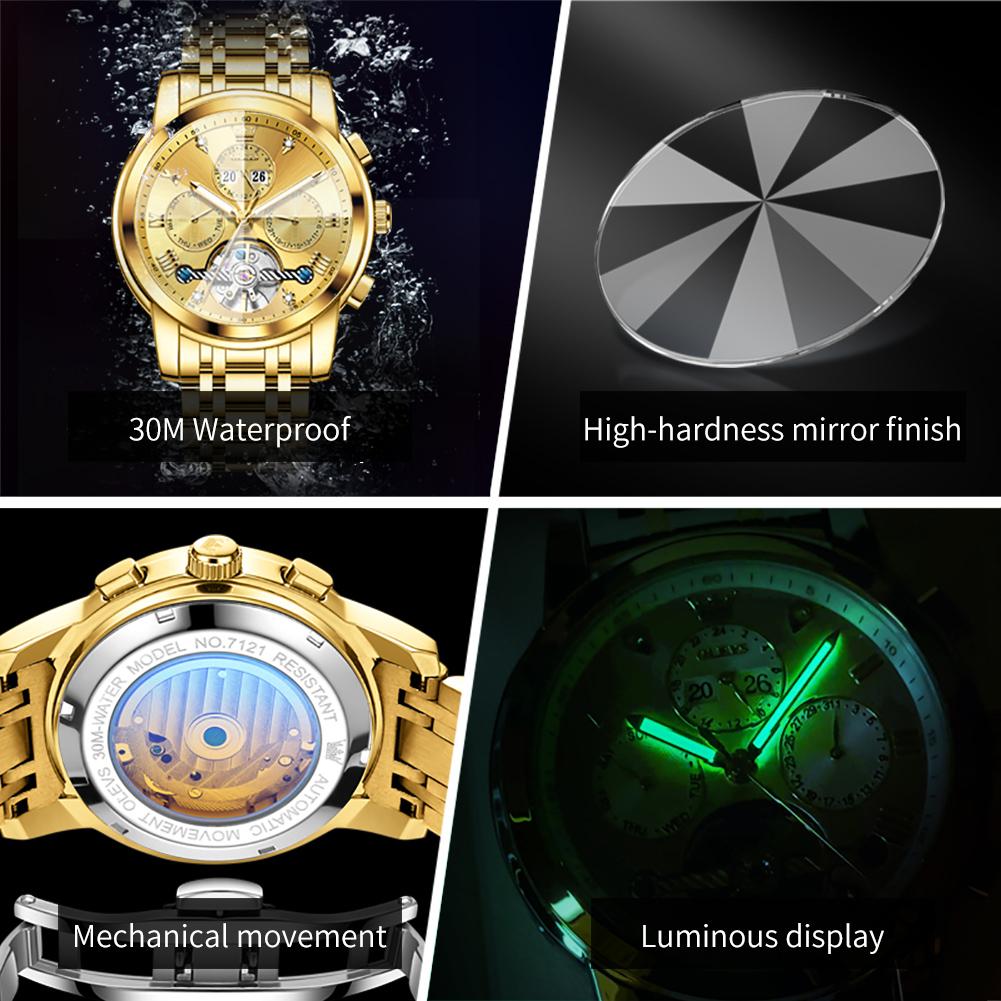 OLEVS Automatic Mechanical Watches for Men Stainless Steel Skeleton Flywheel Perpetual Calendar Rhombus Mirror Luxury Man Watch