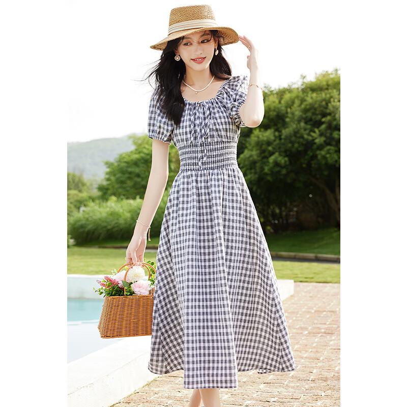 VICTORIA&VERA Women's Plaid Square Neck Puff Sleeve Midi Dress
