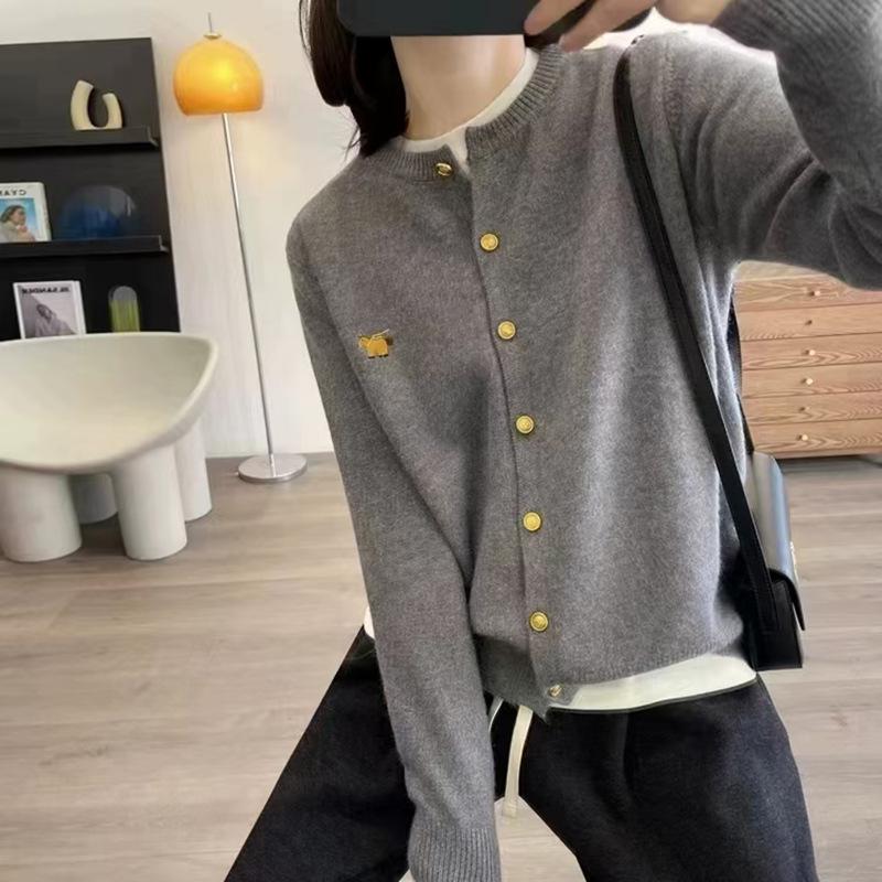 Women's Knitted Wool Cardigan with Round Neck and Small Horse Embroidery - 100% Pure Wool, New Autumn Collection.