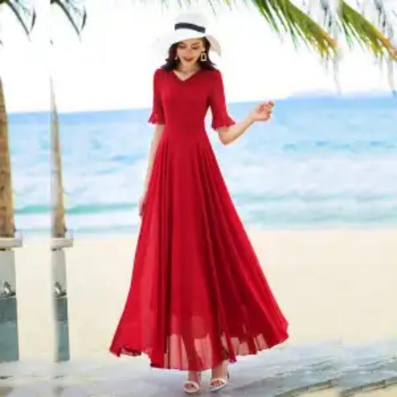 Women's Floral Print Maxi V-neck Short Sleeve High Waist Chiffon Casual Summer Dress