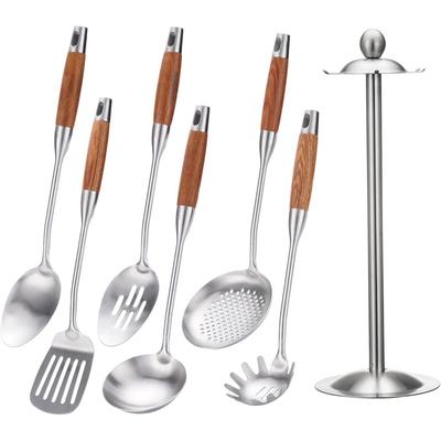 304 Stainless Steel Kitchen Utensils Set, 7 PCS Metal Cooking Tools with Wooden Handle