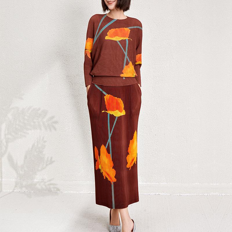 Mohnblumenmuster Damen Herbstmode Zweiteiler: Oberteil mit Fledermausärmeln & Midirock