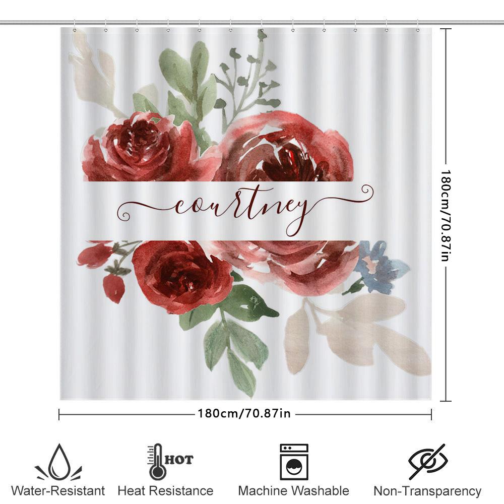 Watercolor Floral Bath Curtain With Name For Bathroom Decor Red Rose Design Shower Curtain 72 X 84 Inches