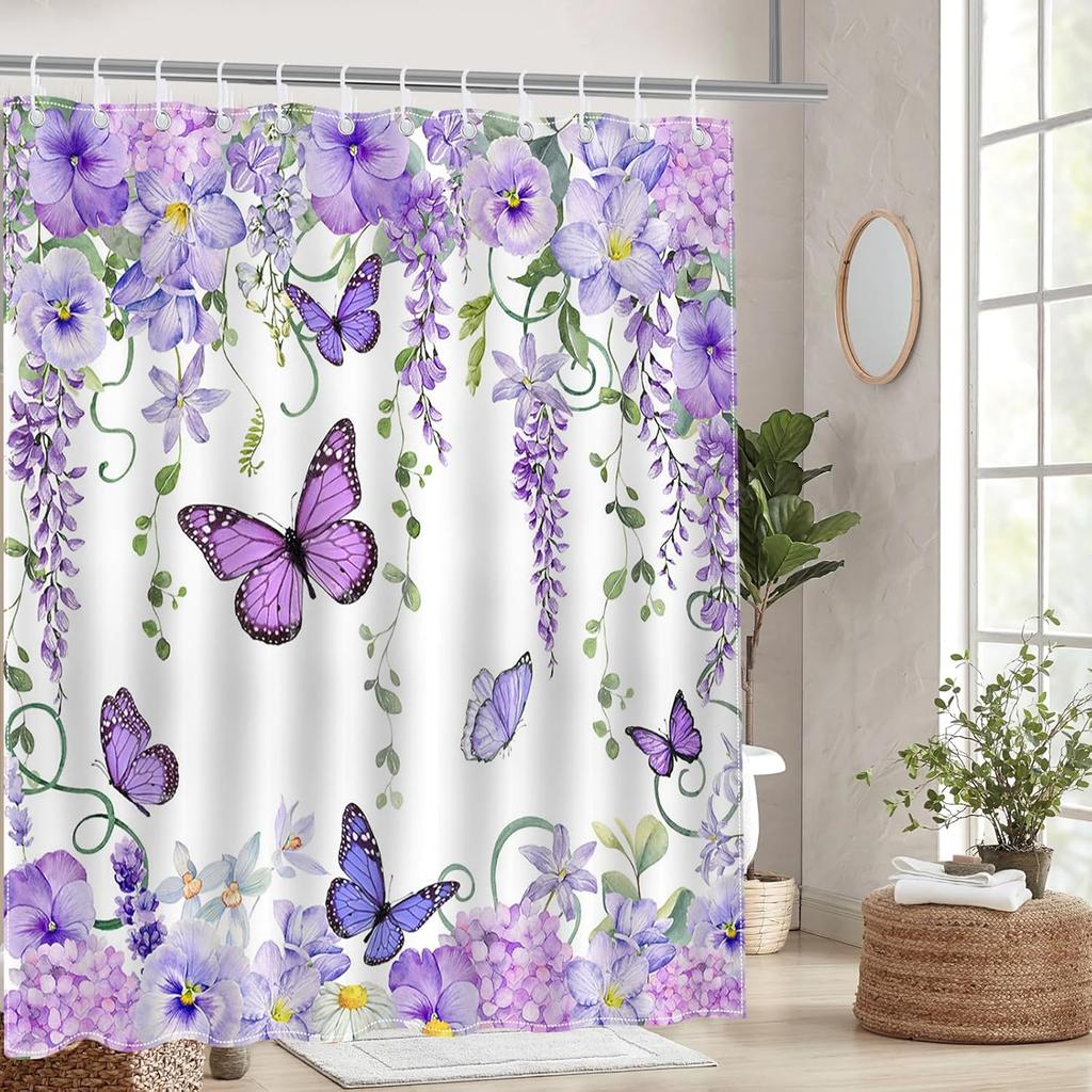 Mocsicka Purple Butterfly Shower Curtain Spring Purple Floral Butterfly Bathroom Shower Curtain Nature Garden Plant Waterproof Fabric Shower Curtain