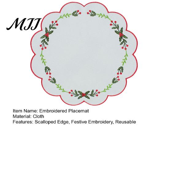 Soft Thick Table Protectors Christmas Scalloped Embroidered Placemat, 15 Inch Cloth Place Mat with Holly Berries Reusable Holiday Dining Accessories