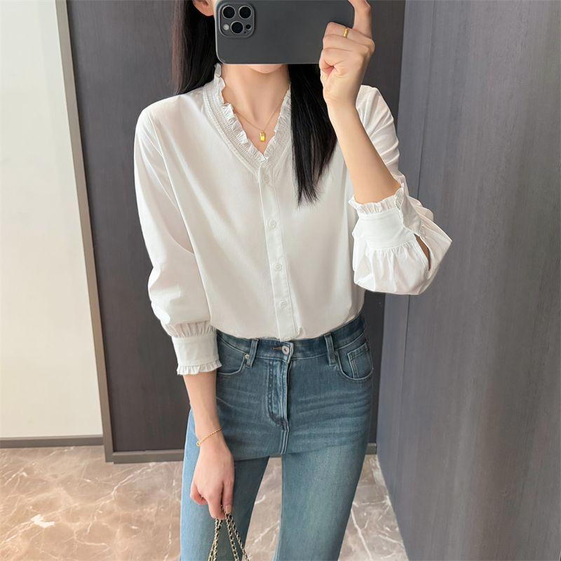 

French Minority Stylish Women s Clothing Tree Fungus-like Lacework Pure Cotton V Neck White Shirt Top Long Sleeves Stripes Shirt Women