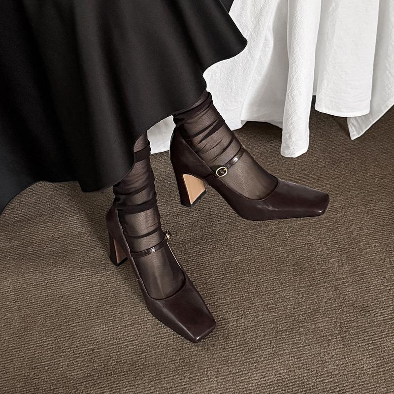 French square head thick heel Mary Jane single shoes women's 2025 new retro style one-word buckle with light mouth high heels