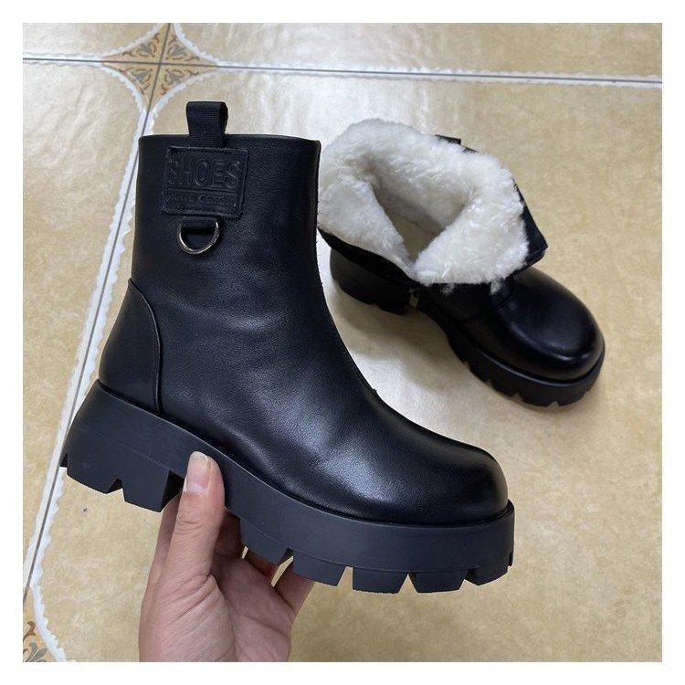 Coarse heel soft leather short boots women's British style retro round head Martin boots thick-soled knight thin boots