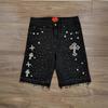 High Street Hip Hop Rhinestone Cross Straight Denim Knee Length Shorts