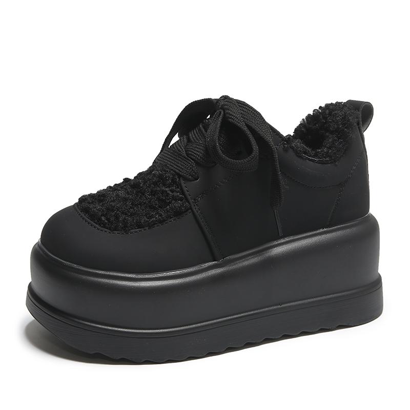 

Модные женские зимние кроссовки на толстой подошве, новые зимние плюшевые теплые хлопковые туфли, женские уличные нескользящие пушистые туфли на платформе с мехом 7,5 см 38 чёрный
