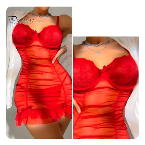 2 Pcs/Set Nightdress Panties Set Spaghetti Strap Backless Sleeveless Nightwear Pleated Transparent Mesh Bow Ruffle Dress Sleepwear Set G-string Set