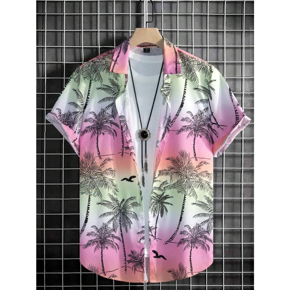 Hawaiian Color Coconut Tree Print Lapel Fashion Men's Shirt 2026 Men's Seaside Resort Casual Style Men's Short-sleeved Shirt