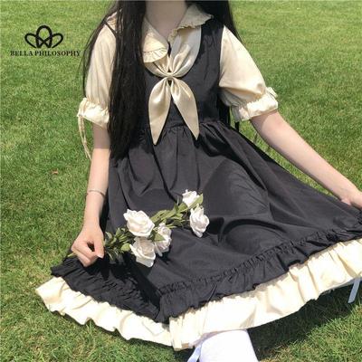 Vestido de mujer Preppy Kawaii lazo suelto Patchwork Lolita dulce vestido Popular