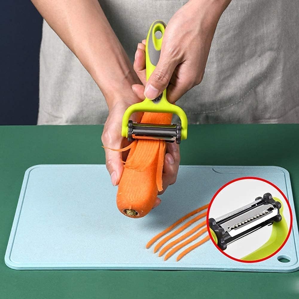 3 in 1 Rotary Multi-Functional Peeler, Suitable for Vegetable and Fruit, Serrated Blade+Straight Julian Stainless Steel, Anti-Slip Handle, Slicer