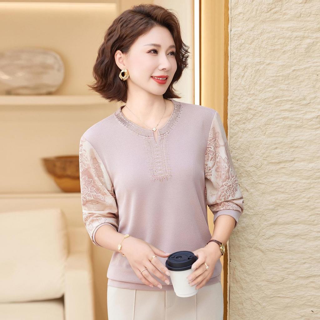 2026 Autumn Long-Sleeve Printed Patchwork Pullover for Middle-Aged and Elderly Women