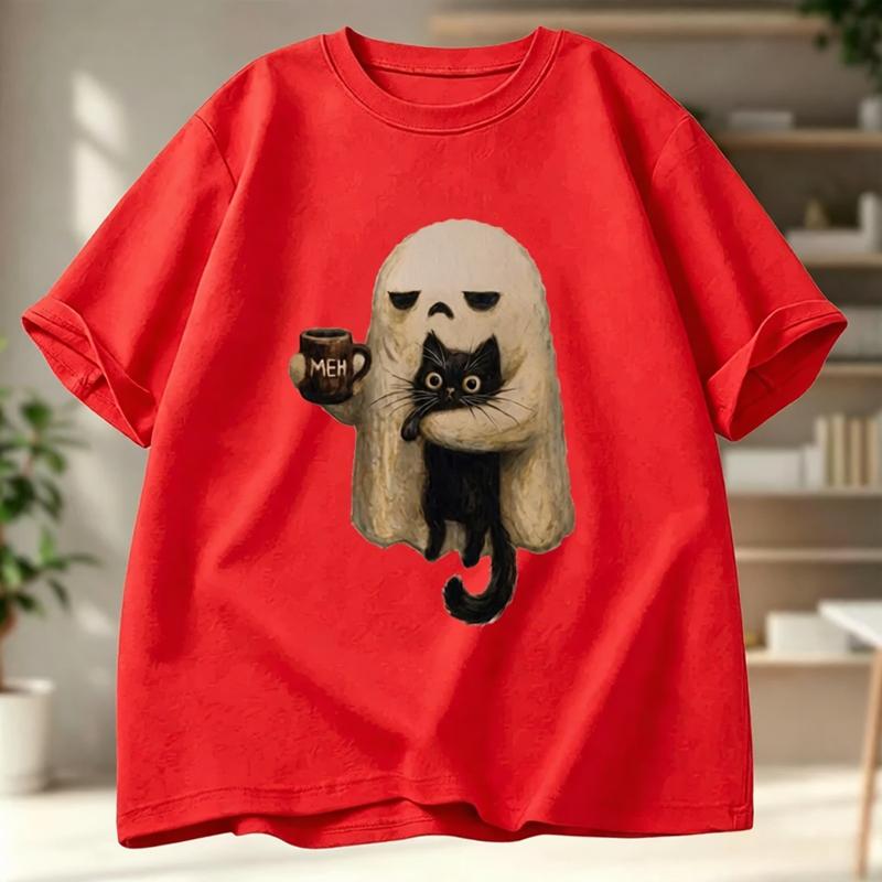 Ghost Cat Funny Aesthetic Graphic Women Tee Crewneck Short Sleeve Funny Halloween Design Summer Vintage Fashion Women Casual Tee