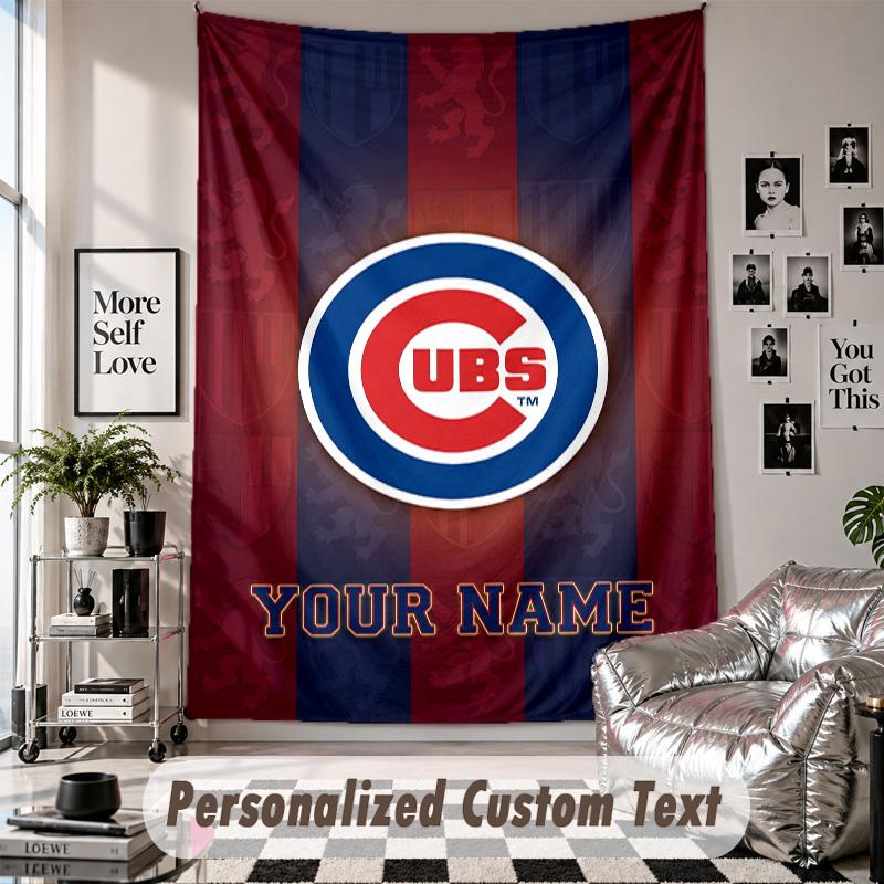 Wall Hanging Tapestry With Custom Name & Text, Chicago Cubs Decorative Tapestry For Bedroom