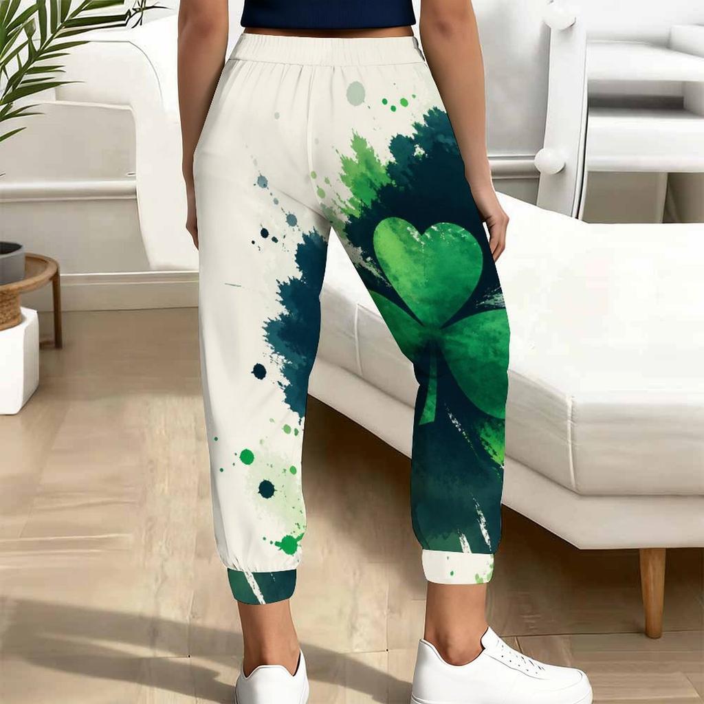 Women Plus Size Green Clover Printed Drawstring Waist Jogger Pants Side Pockets Cuffed Ankle