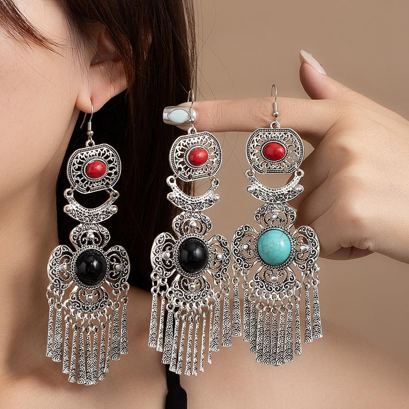 Fashion Retro Bohemian Long Fringed Water Drop Earrings Heavy Industry Creative Ethnic Style Diamond Set High-End Stud Earrings