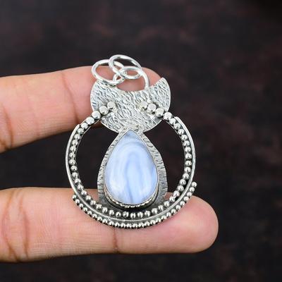 Blauw Lace Agate Hanger 925 Sterling Zilver Hanger Handgemaakt Gloednieuw Sieraden Delicaat Edelsteen Hanger Helende Steen Sieraden Cadeau Voor Moeder