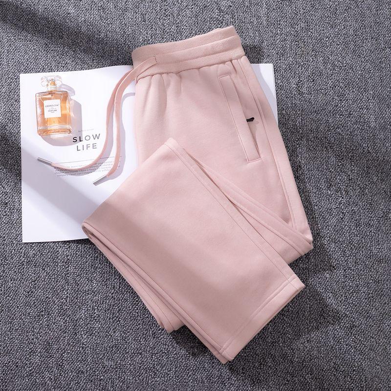 High-End Pure Cotton Spring & Fall Thin Sweatpants Heavy Weight Straight-Leg Pants Women's Pants Sports Pants Loose Casual Pants Zipper Light Pink