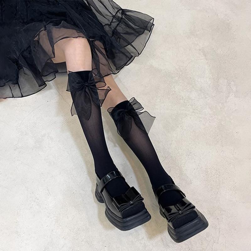 Japan Lolita Lace Stockings Women Sweet Kowknot High Knee Socks Femme Elastic