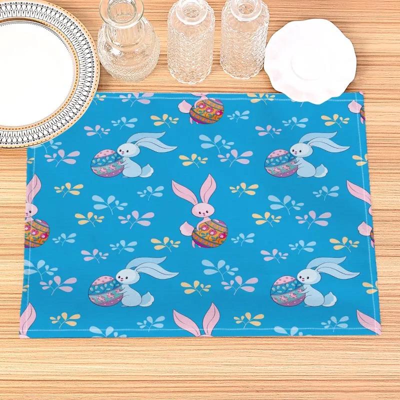 Easter Bunny Pattern Placemat Cotton Linen Fabric Table Mats Family Dinner Tableware Kitchen Size 30X45 Cm Table Mat