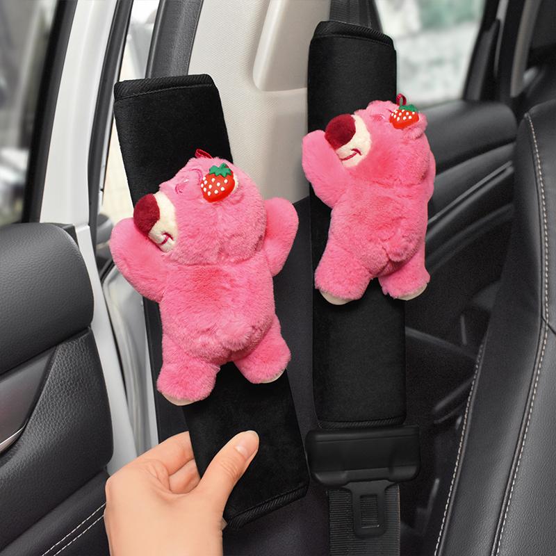Car Seat Belt Cover Anime Strawberry Bear Plush Auto Seat Belt Shoulder Protector Pad Car Interior Accessories For Christmas