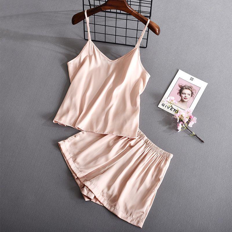 

New Solid Color Sexy Suspender Pajamas Suit Thin V-neck Sleeveless Pajamas Champagne L