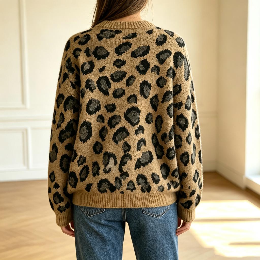 Dames Crewneck Leopard Print Kleurblok Gebreide Pullover Trui voor Herfst en Winter