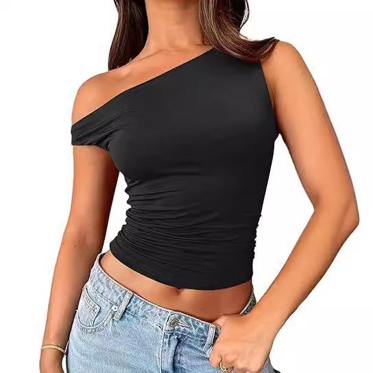 Slant Neck Top, Sexy Babes Slanted Shoulders, Solid Color Vest, Summer Women's Off-the-shoulder Pullover, Off-the-navel Women's Clothing