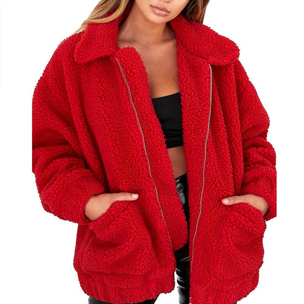 Oversized Faux Teddy Bear Coat  Autumn Winter Warm Thick Bomber Jacket Women Fuzzy Zipper Jackets