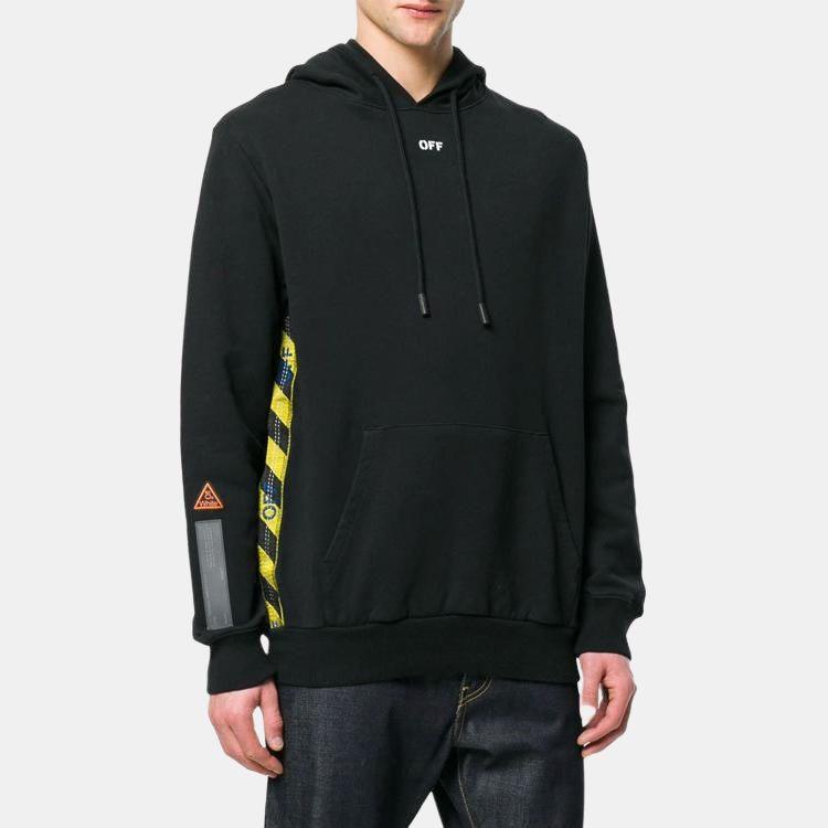 Off-White Side Yellow Caution Tape Hooded Sweatshirt Unisex Tops Black OMBB032S180030081000