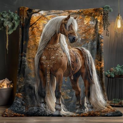 Pferd und Wald Landschaft Kunstmuster Dekorative Überwurfdecke für Sofa, Bett, Wohnzimmer und Heimdekor Styling