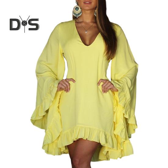 Mini abito da donna a maniche lunghe svasato con scollo a V, tinta unita, orlo irregolare con volant, abito corto casual da vacanza in tinta unita