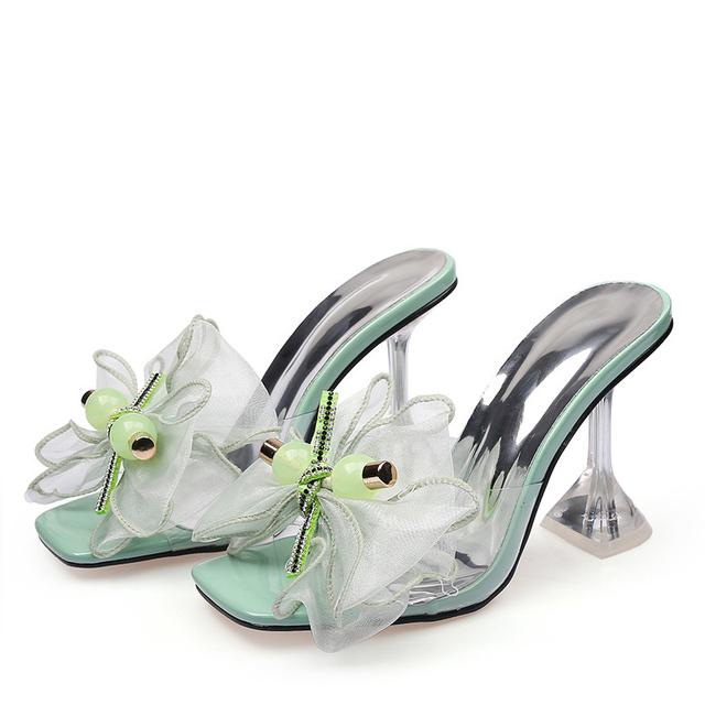 Liyke Transparent Slippers For Women Summer Fashion Green Butterfly -Knot Designer Sandals Clear Heels Size 46 Female Shoes