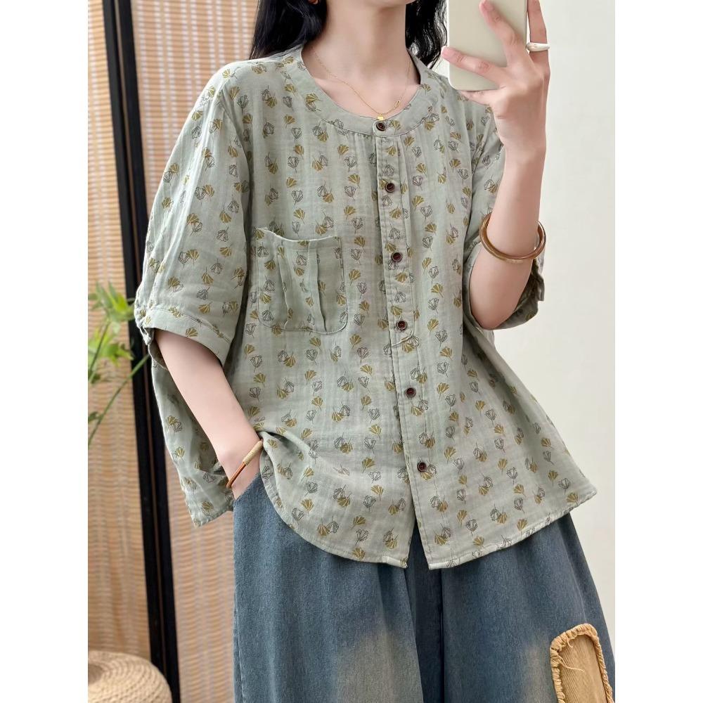 DIMANAF 2026 Plus Size Summer Women Blouse Shirts Tunic Print Oversize Loose Casual Cotton Linen Lady Tops Vintage Floral