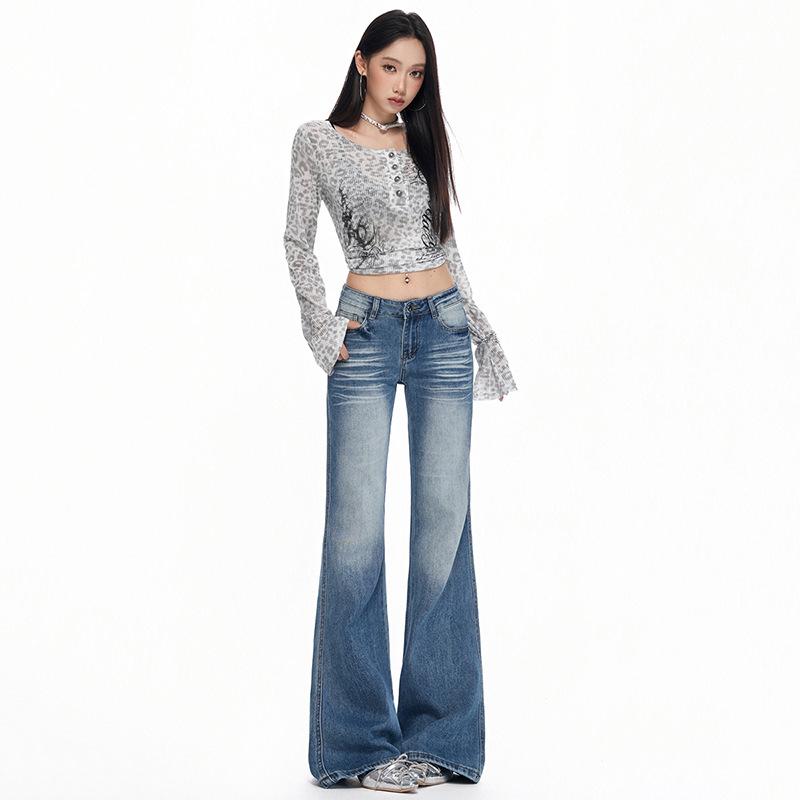 American retro low-rise micro-pull jeans women's autumn new Spice Girl elastic slim-fitting thin flared pants