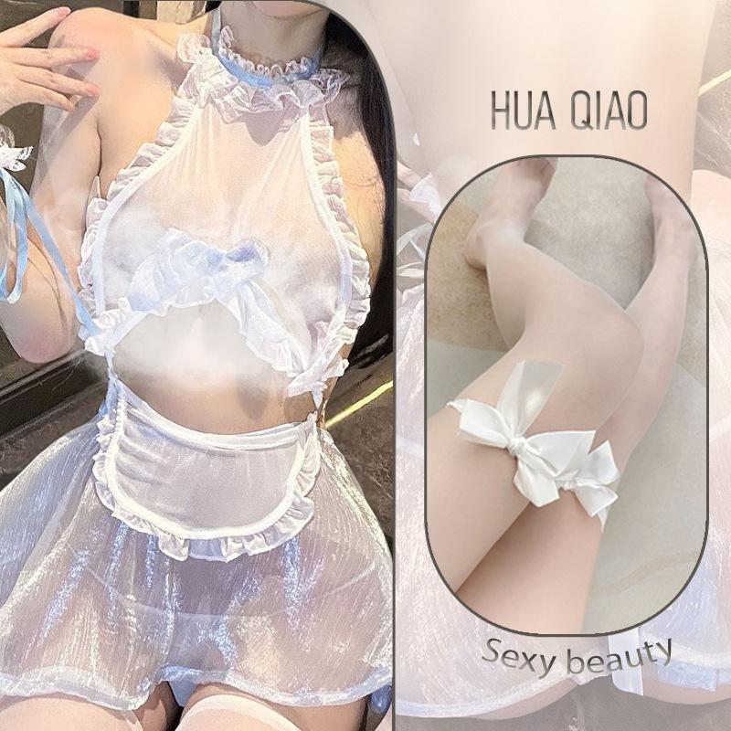 Sexy lingerie sexy maid lace back strap neck thin flash perspective gauze skirt uniform abstinence