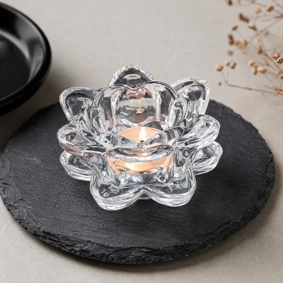 huaqianguhh Crystal Lotus Flower Tealight Candle Holders, Glass Tea Light Candlestick Decor with Deep Grooved Plate, Multifunctional Decoration