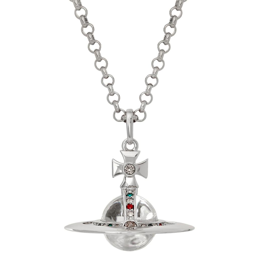 VIVIENNE WESTWOOD New Small 3D Saturn Glass Brass Crystal Necklace Unisex Necklace Silver 6302009602P019