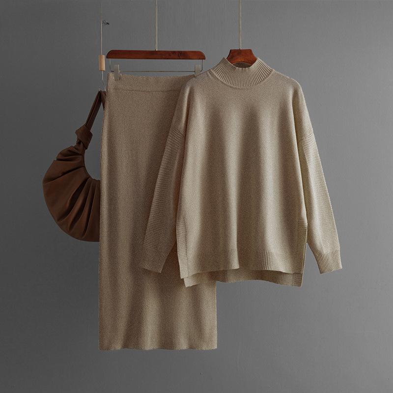 2 Pieces Knit Sets Women Maxi Skirt Tracksuits Winter Warm Turtleneck Sweater Ladies Long Skirt Two Pieces Sweater Sets